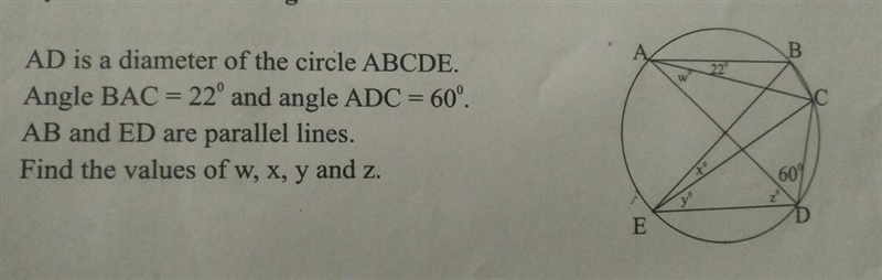 AD is a diameter of circle ABCDE . Angle BAC=22° & angle ADC=60°. AE and ED are-example-1