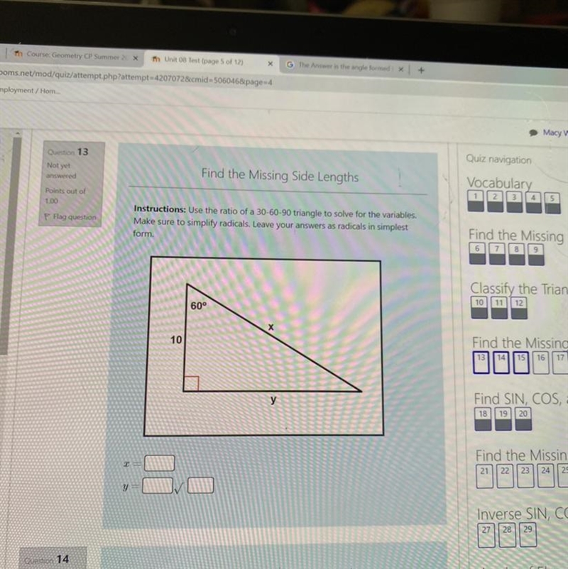 Instructions: Use the ratio of a 30-60-90 triangle to solve for the variables. Make-example-1