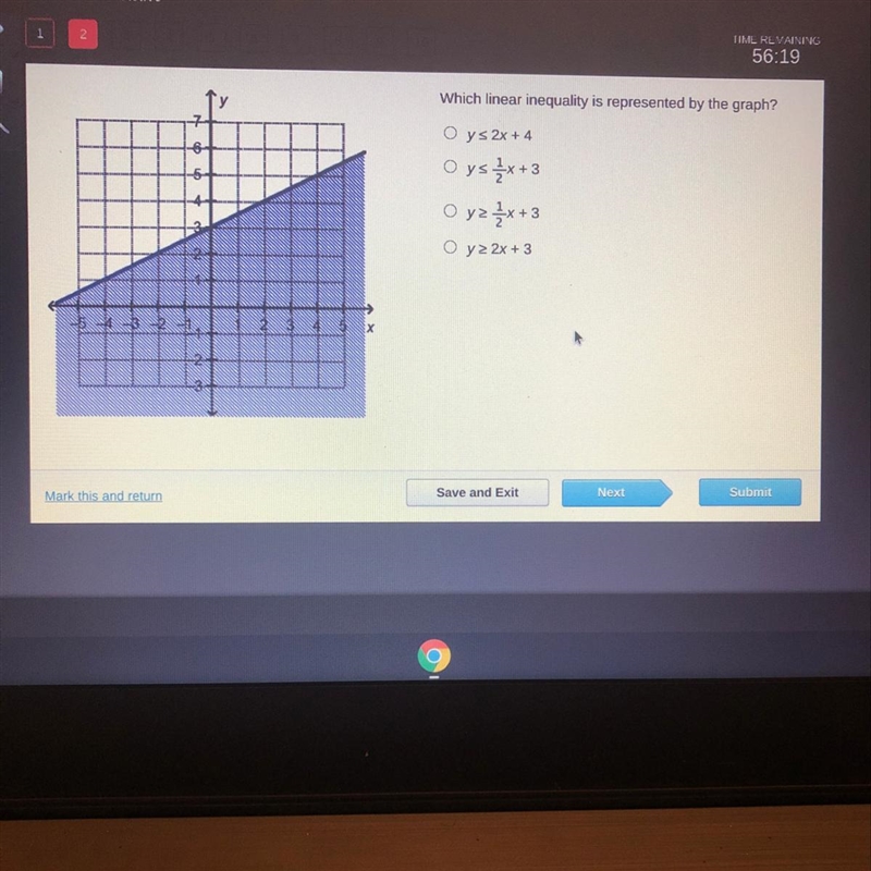 Please help A) y< 2x+4 B) y< 1/2x+3 C)y> 1/2x+3 D) y> 2x+3-example-1