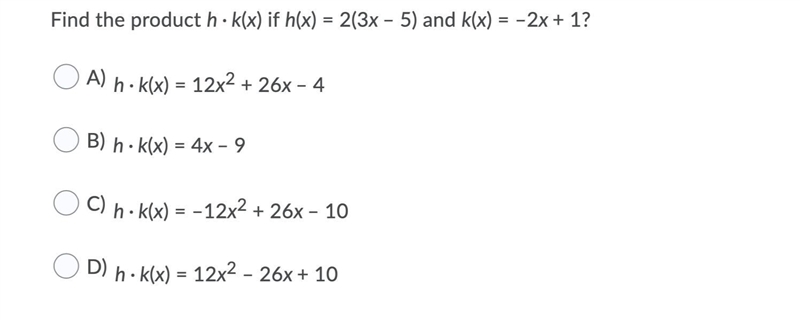 Find the product h · k(x) if h(x) = 2(3x – 5) and k(x) = –2x + 1?-example-1