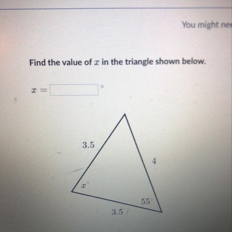 Find the value of x in the triangle shown below-example-1