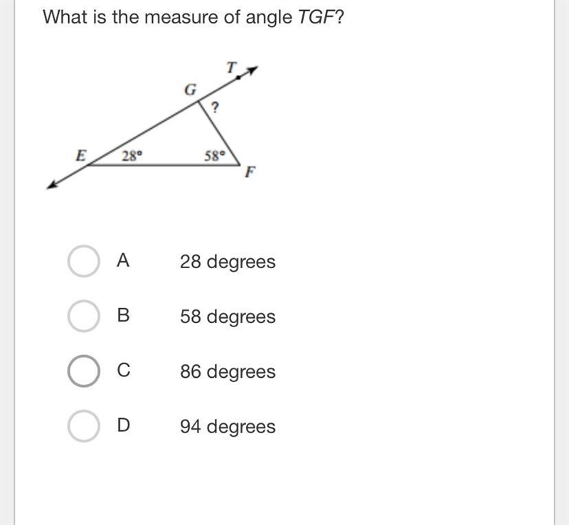 What is the measure of angle TGF? A 28 degrees B 58 degrees C 86 degrees D 94 degrees-example-1