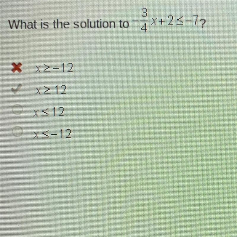 What is the solution to -3/4x + 2 is less then or equal to -7-example-1