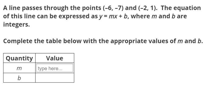 A line passes through the points (-6, -7) and (-2, 1). The equation of this line can-example-1