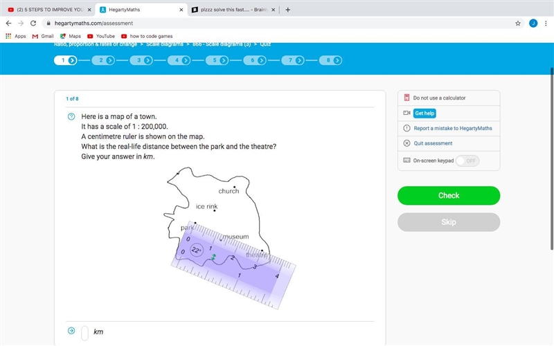 Here is a map of a town. It has a scale of 1 : 200,000. A centimetre ruler is shown-example-1