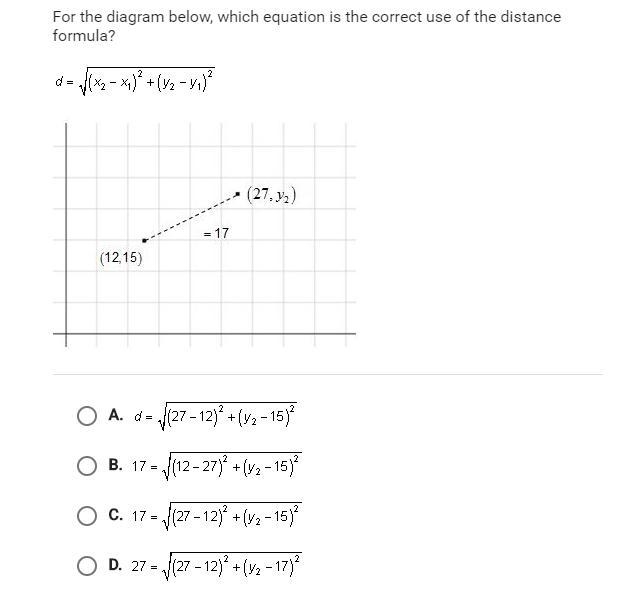 For the diagram below, which equation is the correct use of the distance formula?-example-1