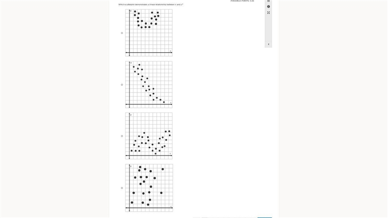 Which scatterplot has a linear relationship between x and y?-example-1