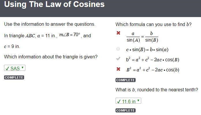 Use the information to answer the questions. In triangle ABC, a = 11 in., measure-example-1