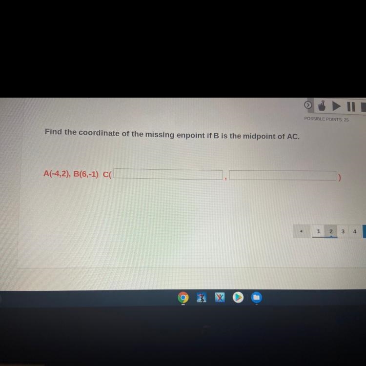 Find the coordinate of the missing enpoint if B is the midpoint of AC. A(-4,2), B-example-1