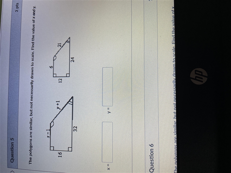 The polygons are similar. Find the value of x and y.-example-1