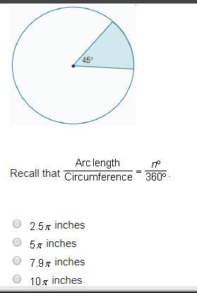 Please help! :) The circumference of the circle is 20 pi inches. What is the arc length-example-1