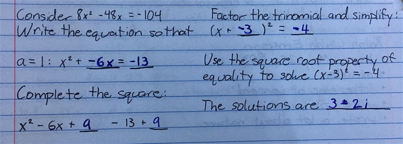 Consider 8x2 - 48x = -104. Write the equation so that a = 1: x2 + __ = __ Complete-example-1