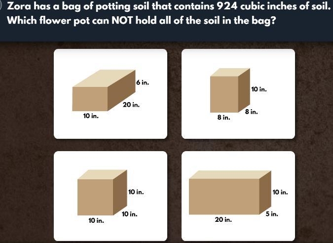 Zora has a bag of potting soil that contains 924 cubic inches of soil-example-1