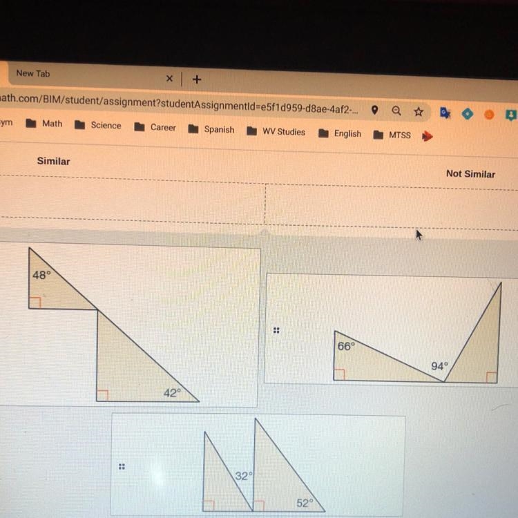 Drag and drop each pair of triangles to indicate whether the triangles are similar-example-1