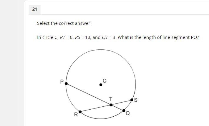 In circle C, RT = 6, RS = 10, and QT = 3. What is the length of line segment PQ?-example-1