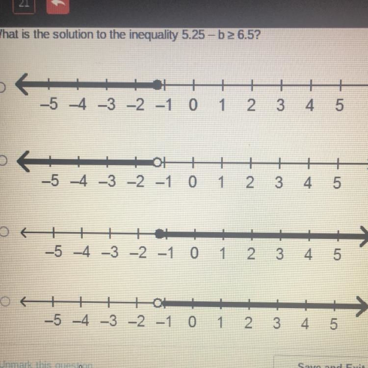 What is the solution to the inequality 5.25-b>=6.5?-example-1