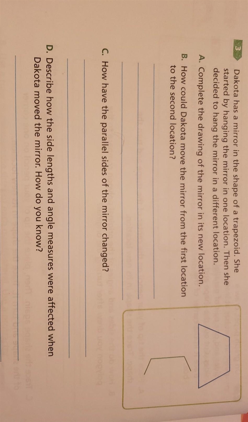 3 Dakota has a mirror in the shape of a trapezoid. She started by hanging the mirror-example-1