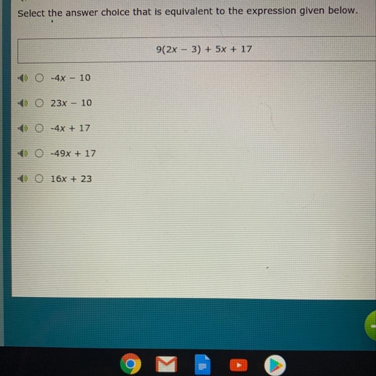 Select the answer choice that is equivalent to the expression given belon. 9(2x - 3) + 5y-example-1