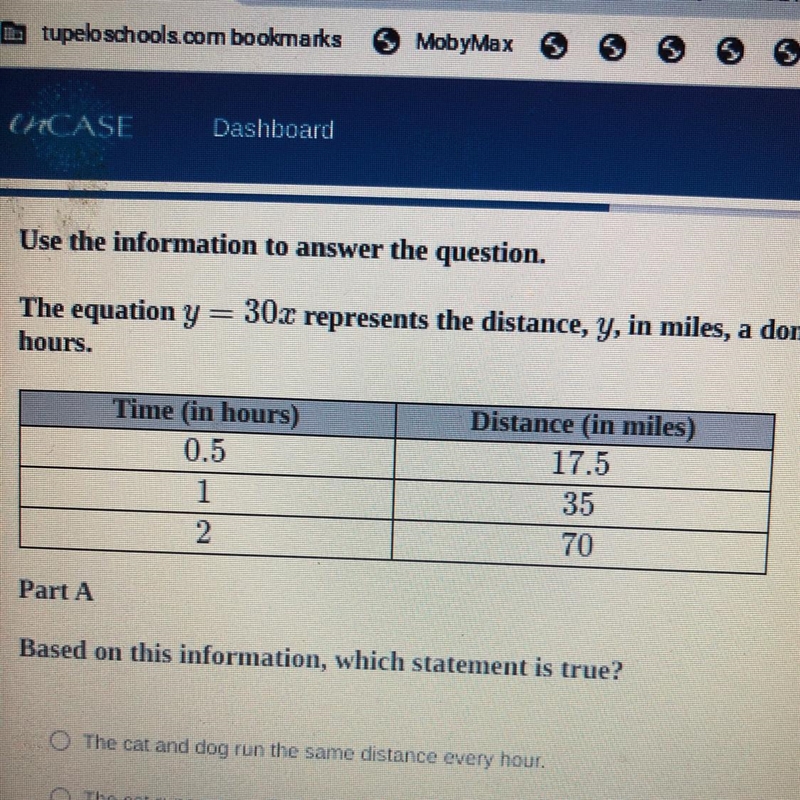 Use the information to answer the question. The equation y = 30x represents the distance-example-1