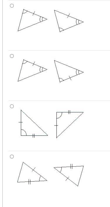 PLEASE HELP! In each pair of triangles, parts are congruent as marked. Which pair-example-1