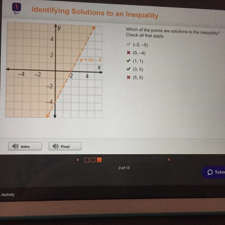 Which of the points are solutions to the inequality? Check all that apply. 1. (-2, -5) 2. (0, -4) 3. (1, 1) 4. (3, 5) 5. (5, 5) 100 points-example-1