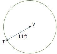 Circle V is shown. Line segment T V is a radius with length 14 feet. In circle V, r-example-1