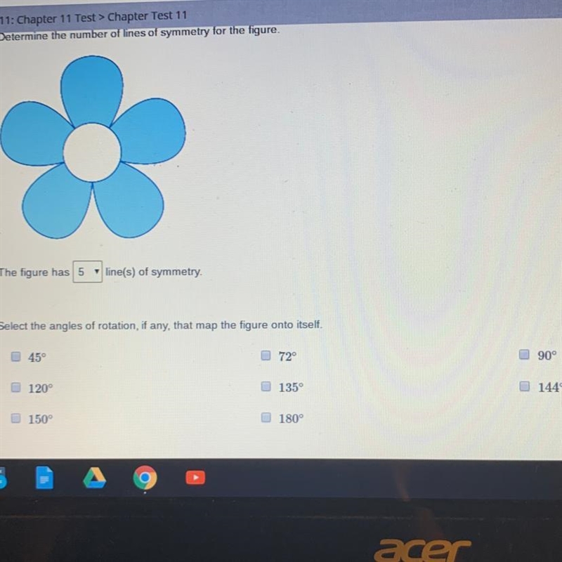 The figure has ____ line(s) of symmetry Select the angles of rotation, if any, that-example-1