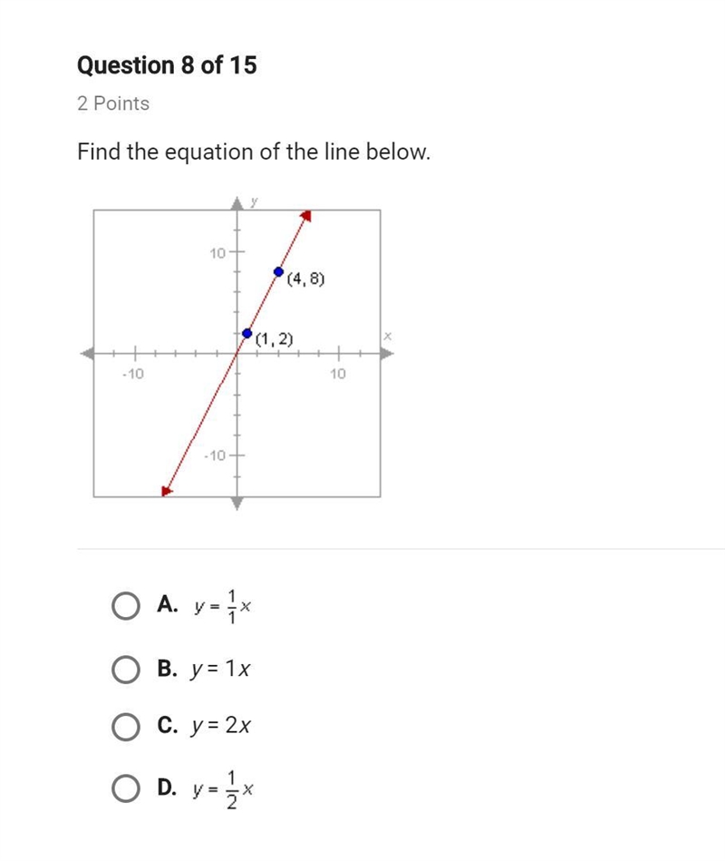 Find the equation of the line below. (4, 8) (1, 2) A. y= 1/1x B. y=1x C. y=2x D. y-example-1