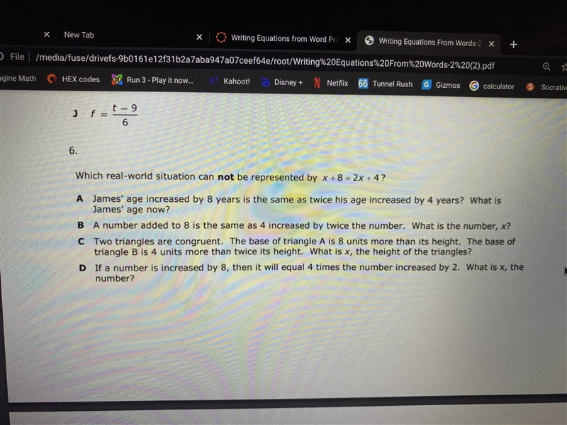 Which real world situation cannot be represented by X +8 equals X 2+4-example-1