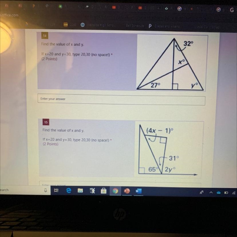 1)Find the value of x and y. 32° 2)Find the value of x and y. (4x - 1)-example-1