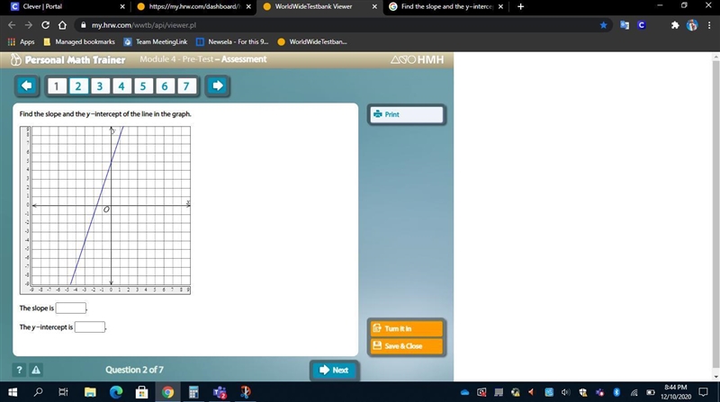 Find the slope and the y−intercept of the line in the graph.-example-1