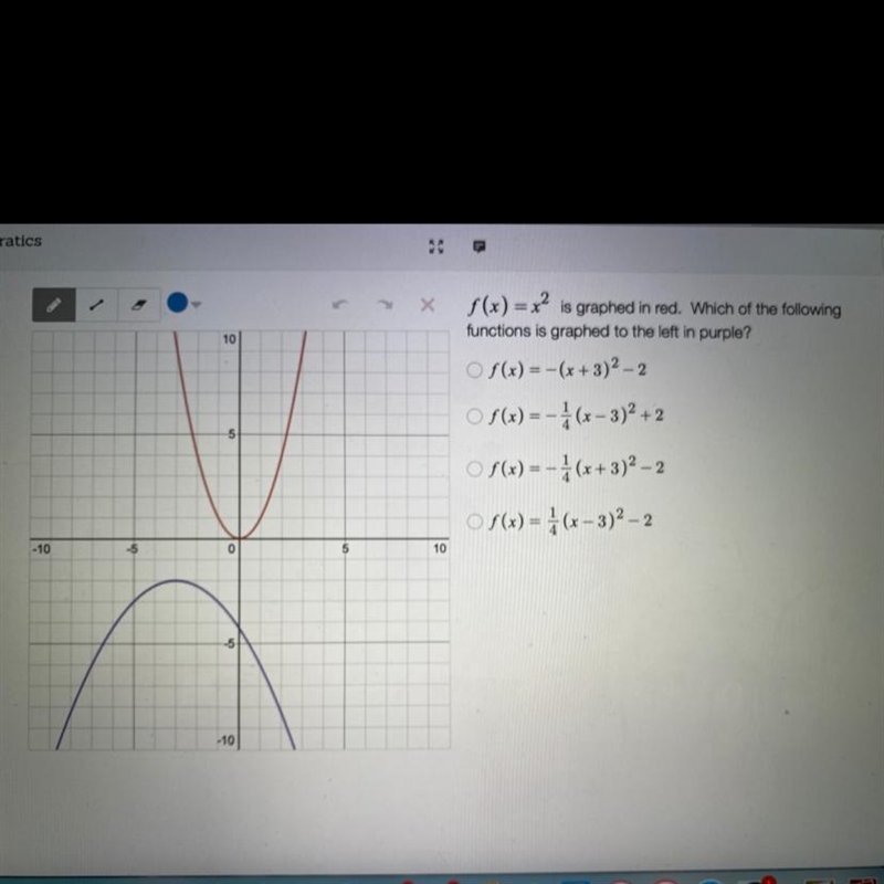 PLZ HELP!! f(x) = x2 is graphed in red. Which of the following functions is graphed-example-1