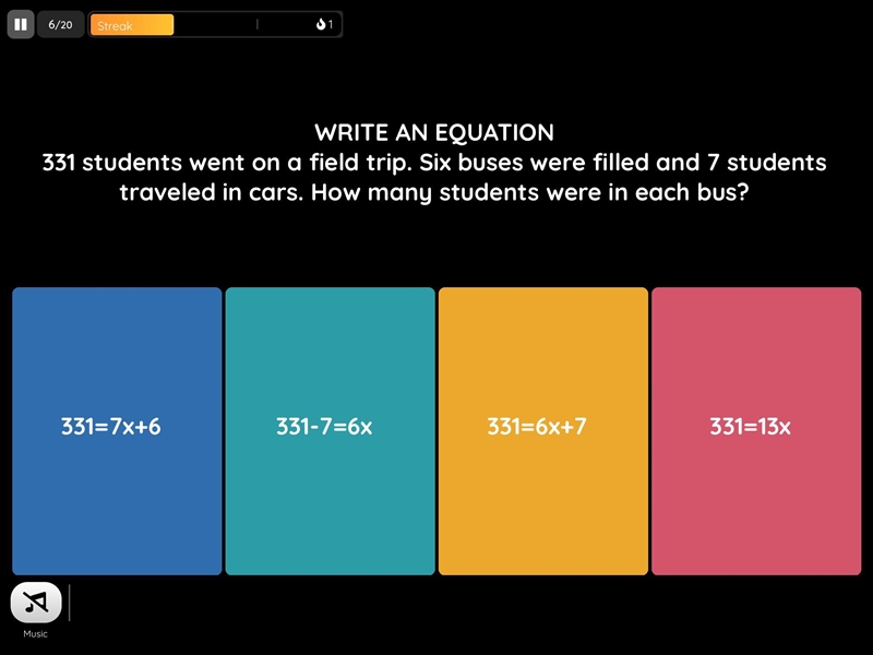 WRITE AN EQUATION 331 students went on a field trip. Six buses were filled and 7 students-example-1