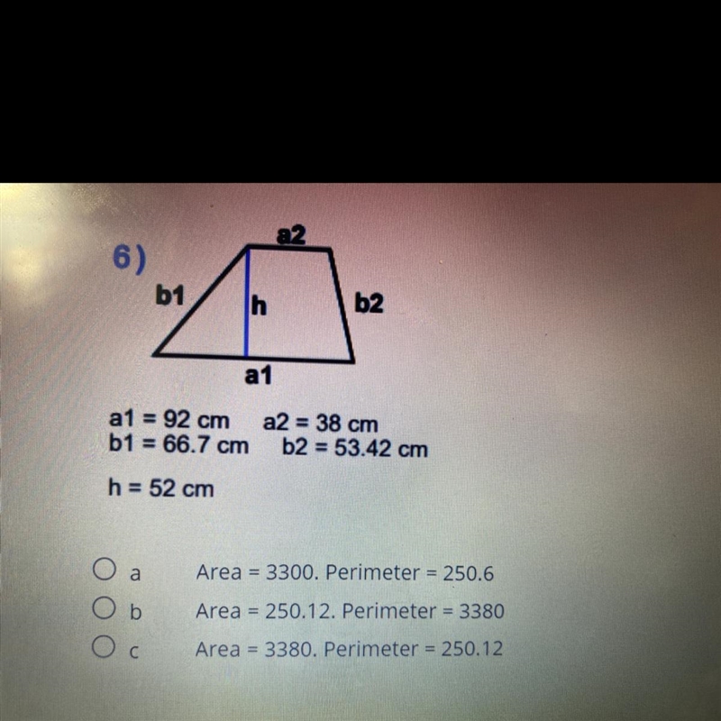 A1 = 92 cm b1 = 66.7 cm a2 = 38 cm b2 = 53.42 cm h = 52 cm-example-1