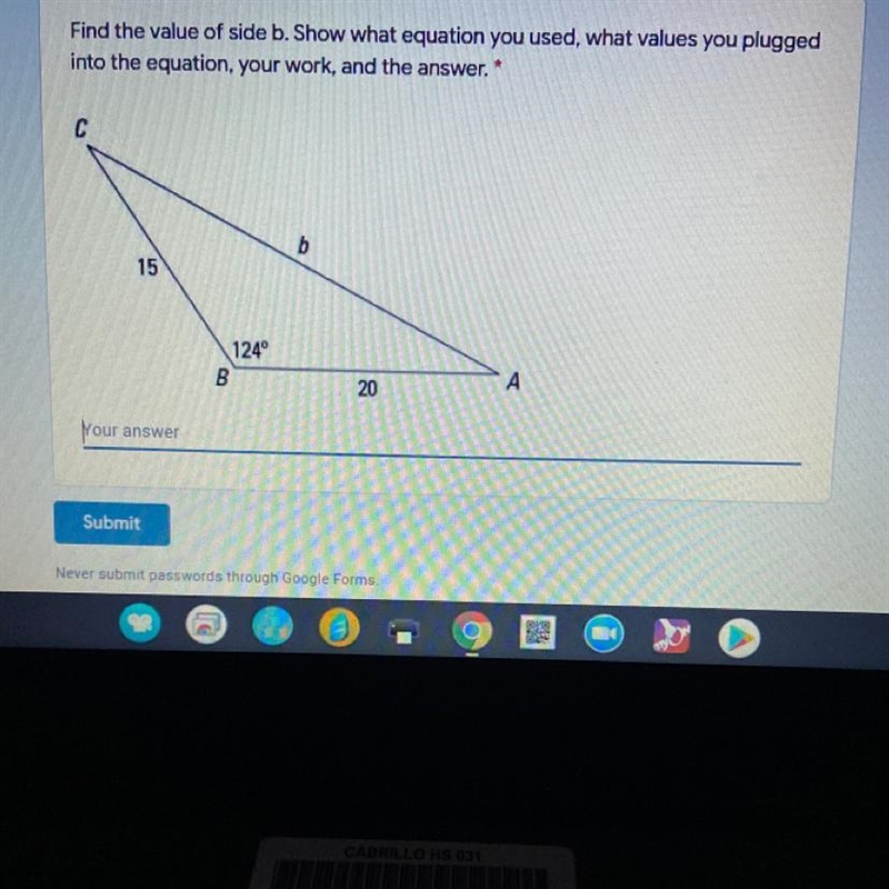 Find the value of side b. Show what equation you used, what values you plugged into-example-1