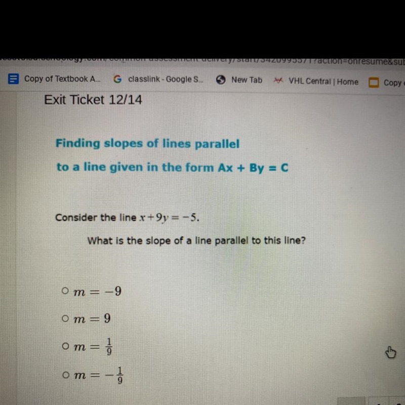 What is the slope line of a perpendicular to this line " y = 5x -4 "-example-1