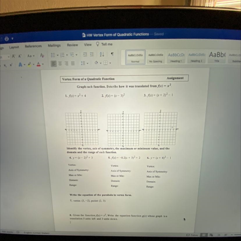 Help plz it’s algebra 2 vertex forms of quadratic function-example-1