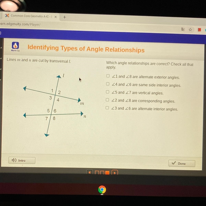 Lines m and n are cut by transversal l. which angle relationships are correct? check-example-1