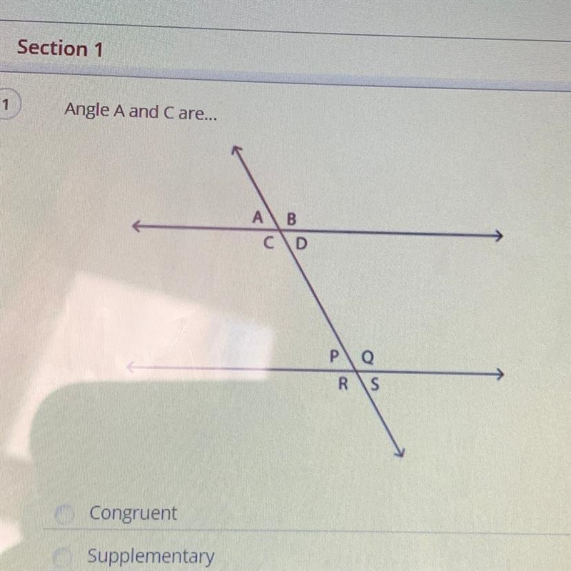 Angle A and C are....... 1- congruent 2- supplementary-example-1