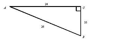 Triangle A B C. Angle C is 90 degrees. Hypotenuse A B is 26, adjacent side A C is-example-1