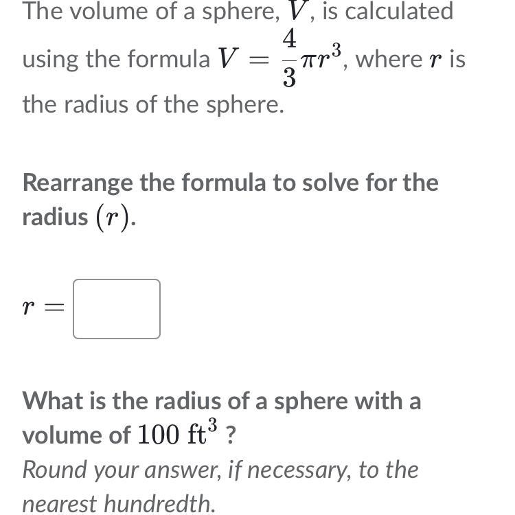 The volume of a sphere, V , is calculated-example-1