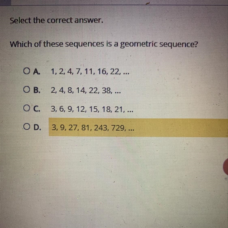 Which of these sequences is a geometric sequence?-example-1