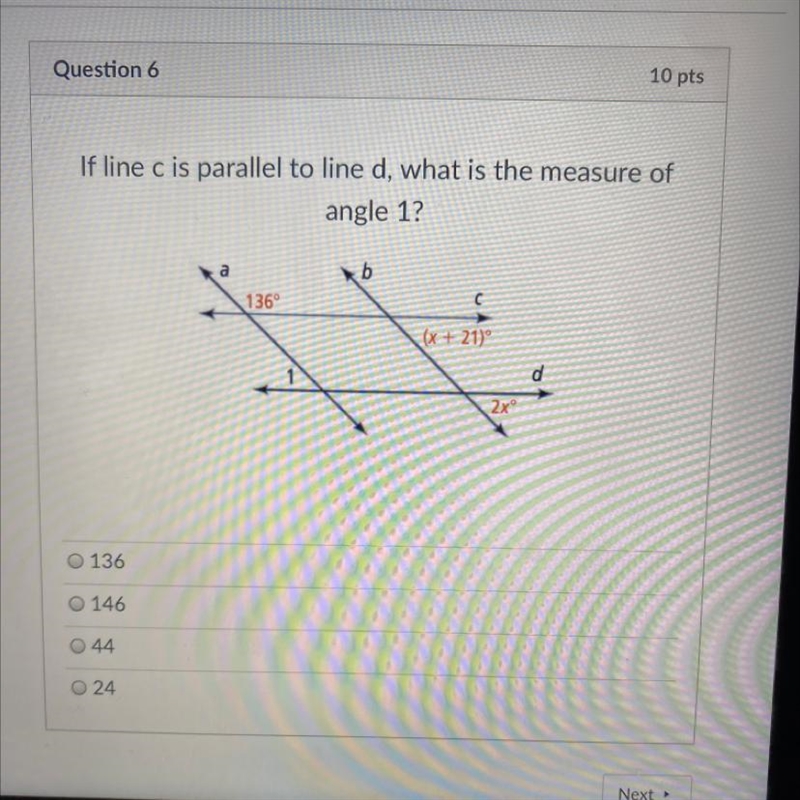 If line c is parallel to line d, what is the measure of angle 1? b 136° (x + 21) d-example-1