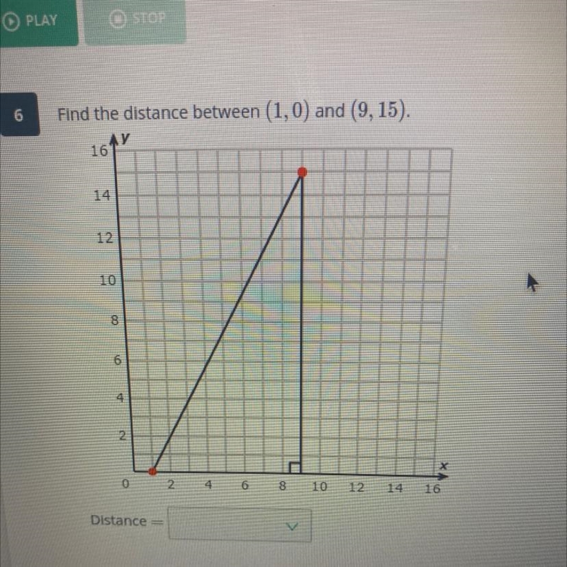 Find the distance between (1, 0) and (9, 15).-example-1