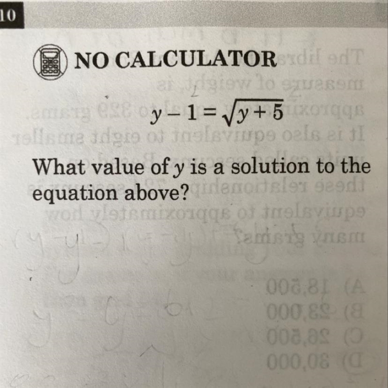 Y-1 = square root y+5 What value of y is a solution to the equation above?-example-1