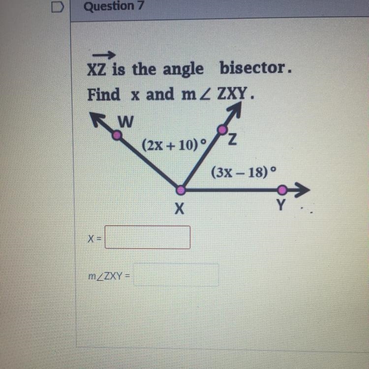 Find x and m 2 ZXY. (2x + 10) (3x – 18)-example-1