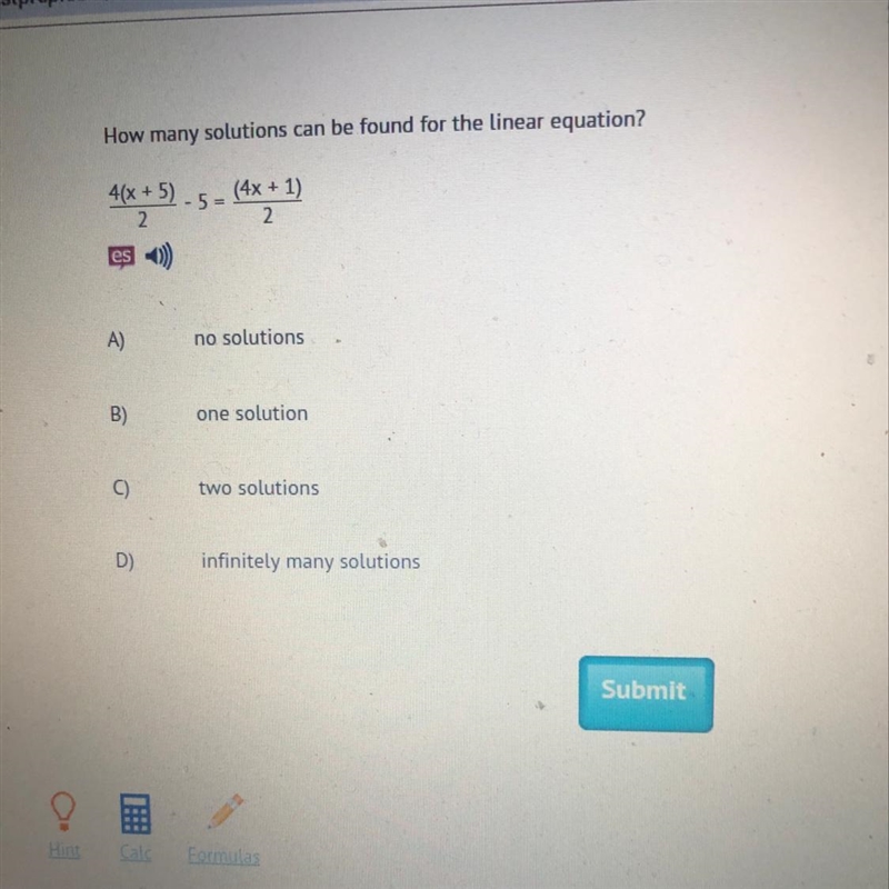 How many solutions can be found for the linear equation? 4(x + 5) - 5 = (4x + 1) no-example-1