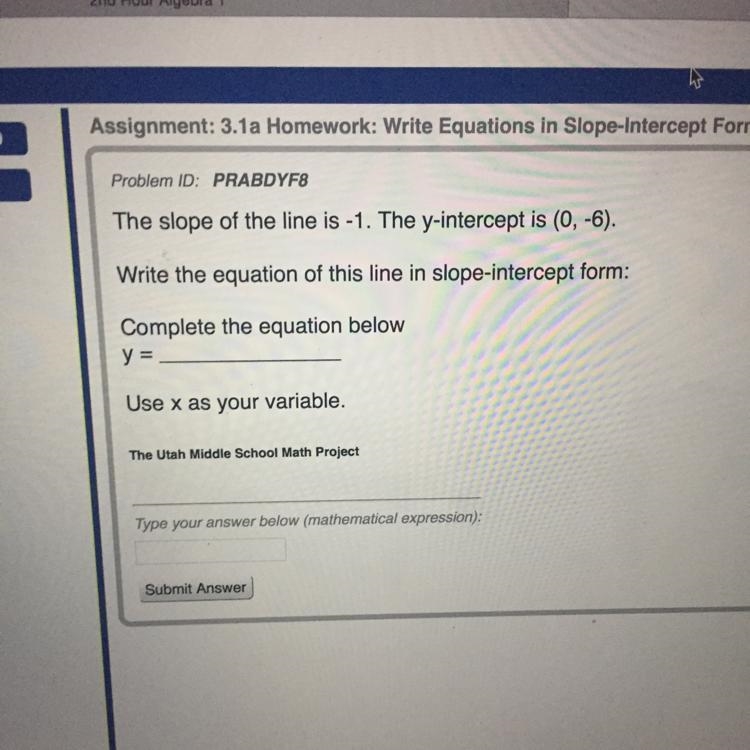 The slope of the line is -1 the y intercept is (0,-6)-example-1