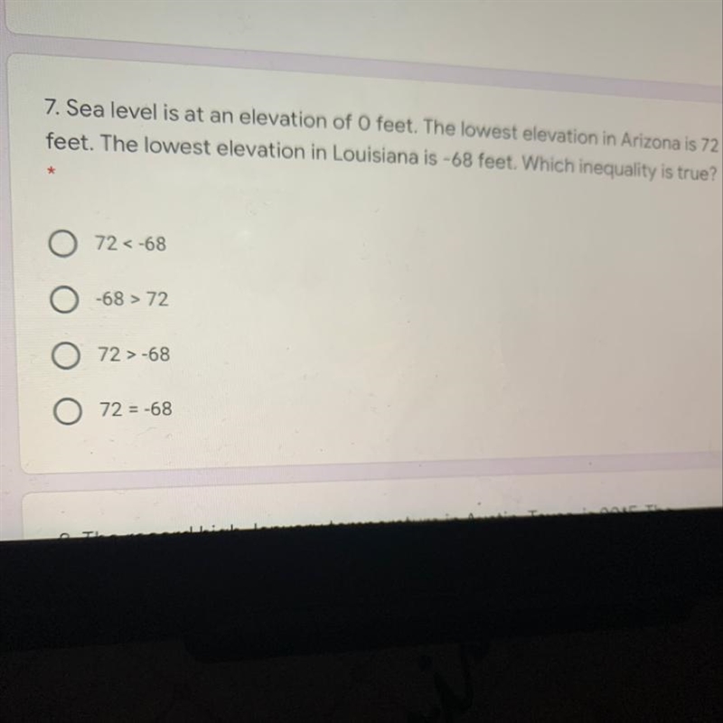 7. Sea level is at an elevation of O feet. The lowest elevation in Arizona is 72 2 points-example-1