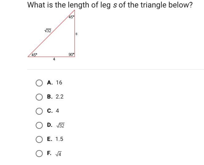 What is the length of leg s of the triangle below?-example-1